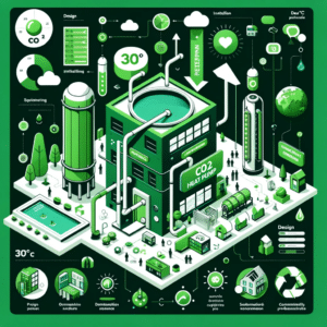 An infographic showcasing the efficiency of a CO2 heat pump system, predominantly in shades of green to symbolize sustainability. The illustration features a central building equipped with a CO2 heat pump, highlighted by arrows indicating the flow of water and emphasizing a 30°C return. Surrounding icons represent design, installation, maintenance, and product selection processes associated with the heat pump system. Additional imagery includes smaller buildings like an office, a swimming pool, and a school, illustrating the pump's commercial and industrial applications. A small globe icon underscores the global significance of eco-friendly technology. The design is free of text, relying on visual symbols to communicate its message.