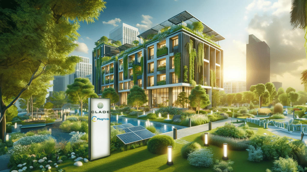 An illustration of a modern, sustainable residential building showcasing green technology. The building features a sleek design with green living walls and a roof adorned with solar panels. Surrounding the structure are verdant gardens, emphasising its eco-friendly energy sources. Prominent signage declares the building's use of sustainable energy, and a 'Heat-as-a-Service' logo highlights the financial savvy of green real estate investments.
